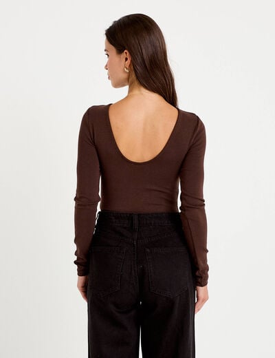 Body cintr&eacute; manches longues bateau marron fonc&eacute; femme