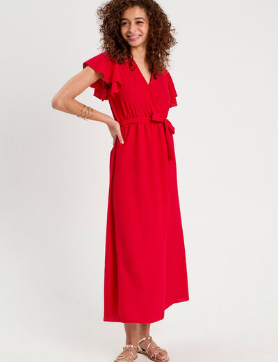 Robe longue évasée cache-coeur rouge fluo femme