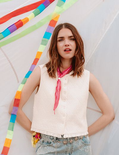 Gilet sans manches col am&eacute;ricain ecru femme