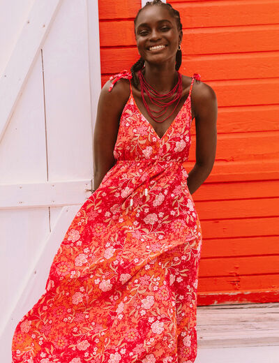 Robe longue &eacute;vas&eacute;e effet satin&eacute;e rouge femme
