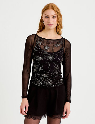 Top ajust&eacute; transparent col rond noir femme