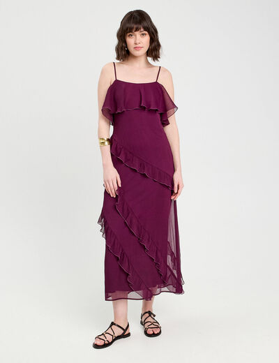 Robe longue droite volants prune femme