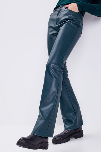 Pantalon flare simili cuir vert foncé femme