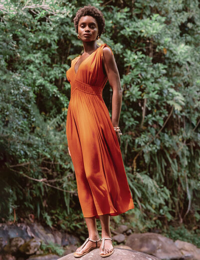Robe midi &eacute;vas&eacute;e d&eacute;collet&eacute; sans manches orange fonc&eacute; femme