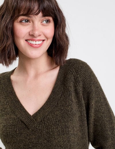 Pull avec col en V vert kaki femme