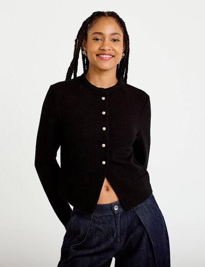 Gilet tweed droit cropped col rond noir femme