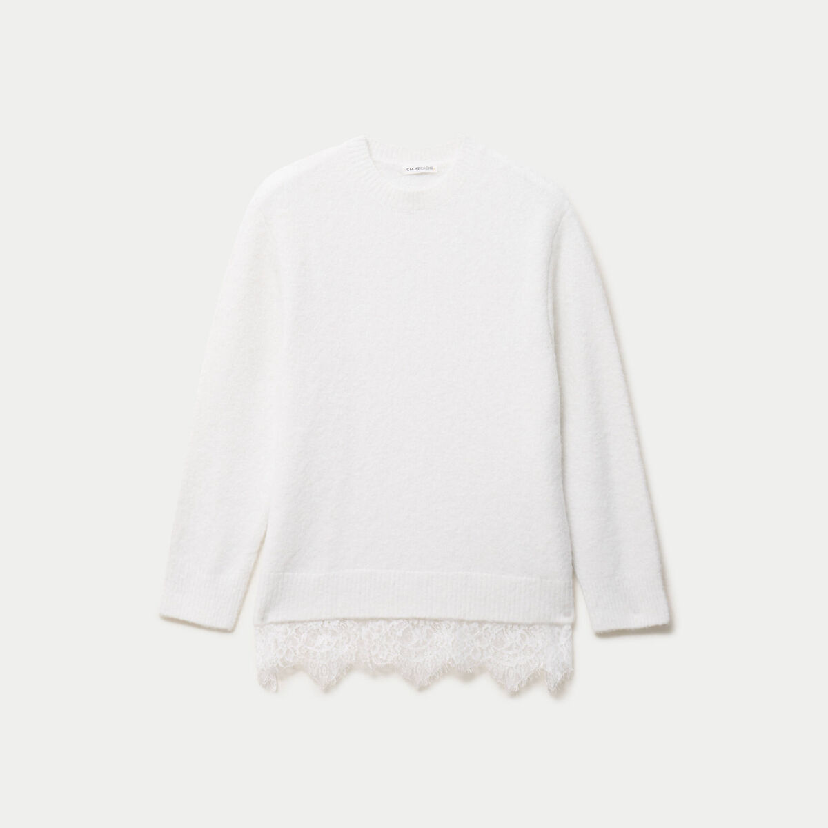 Pull manches longues avec dentelle ecru femme