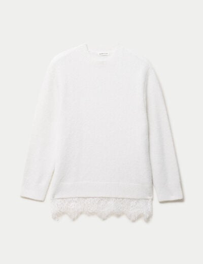 Pull manches longues avec dentelle ecru femme