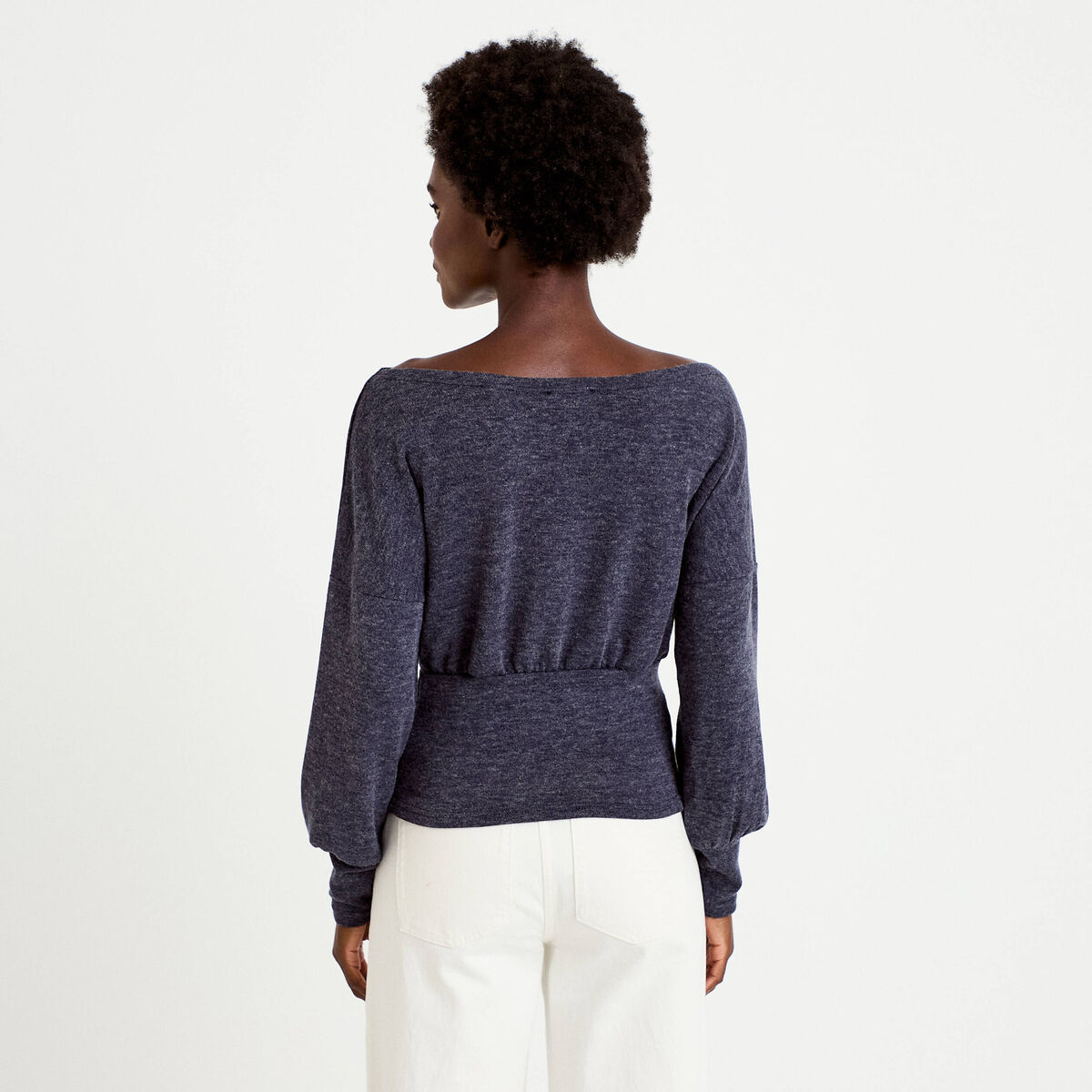 Pull col bateau manches longues bleu marine femme