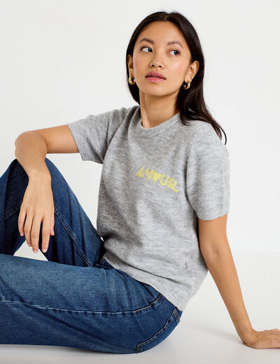 Pull ample manches courtes gris clair femme