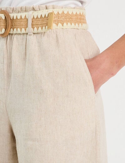 Short ample ceinturé contenant du lin beige femme