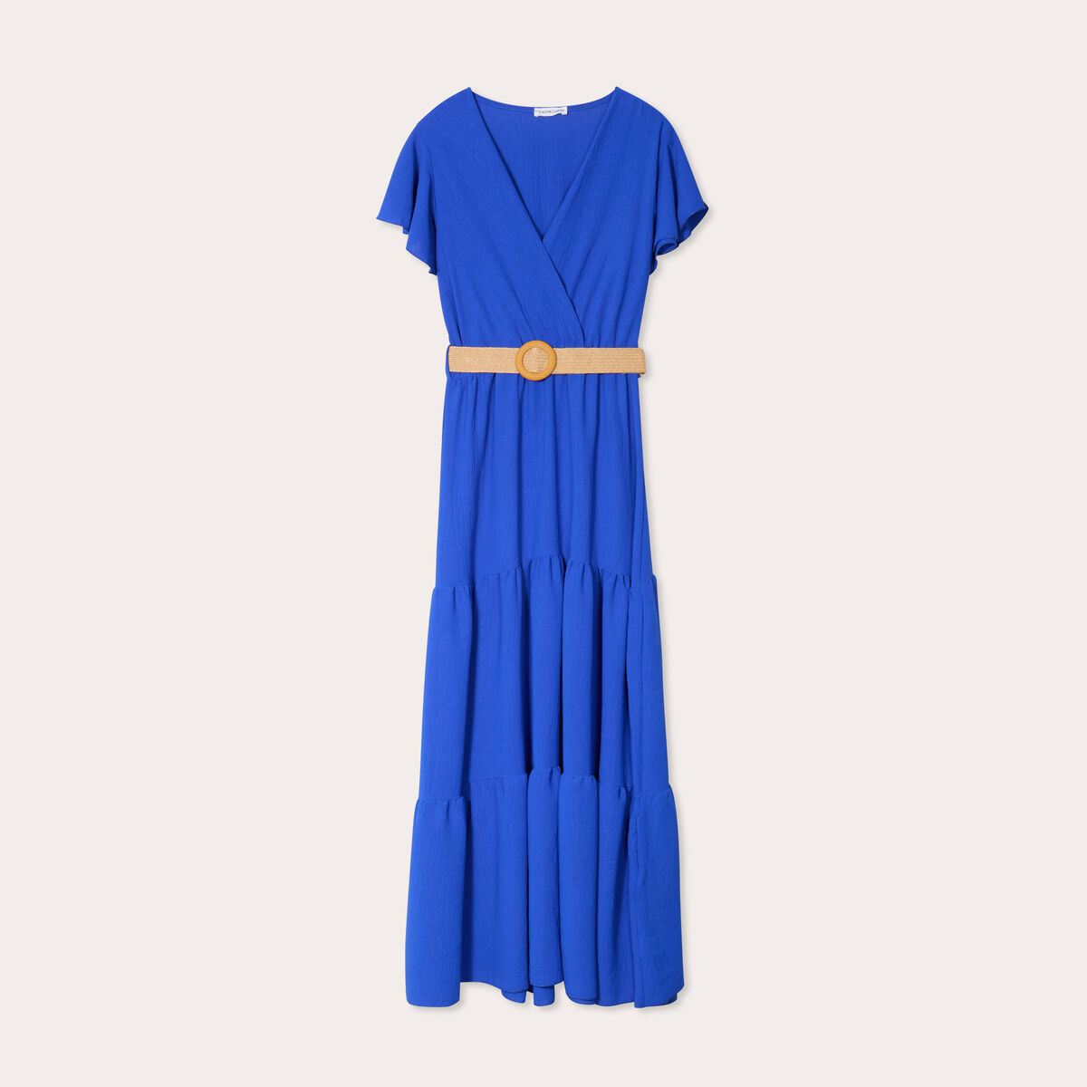 Robe longue évasée ceinturée bleu electrique femme