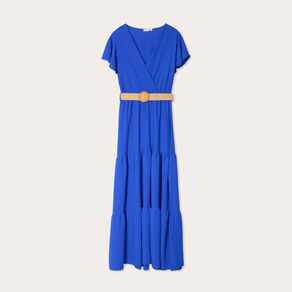 Robe longue évasée ceinturée bleu electrique femme