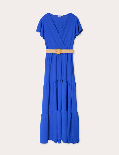 Robe longue évasée ceinturée bleu electrique femme