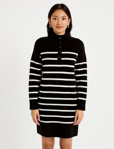 Robe pull droite manches longues 3/4 noir femme