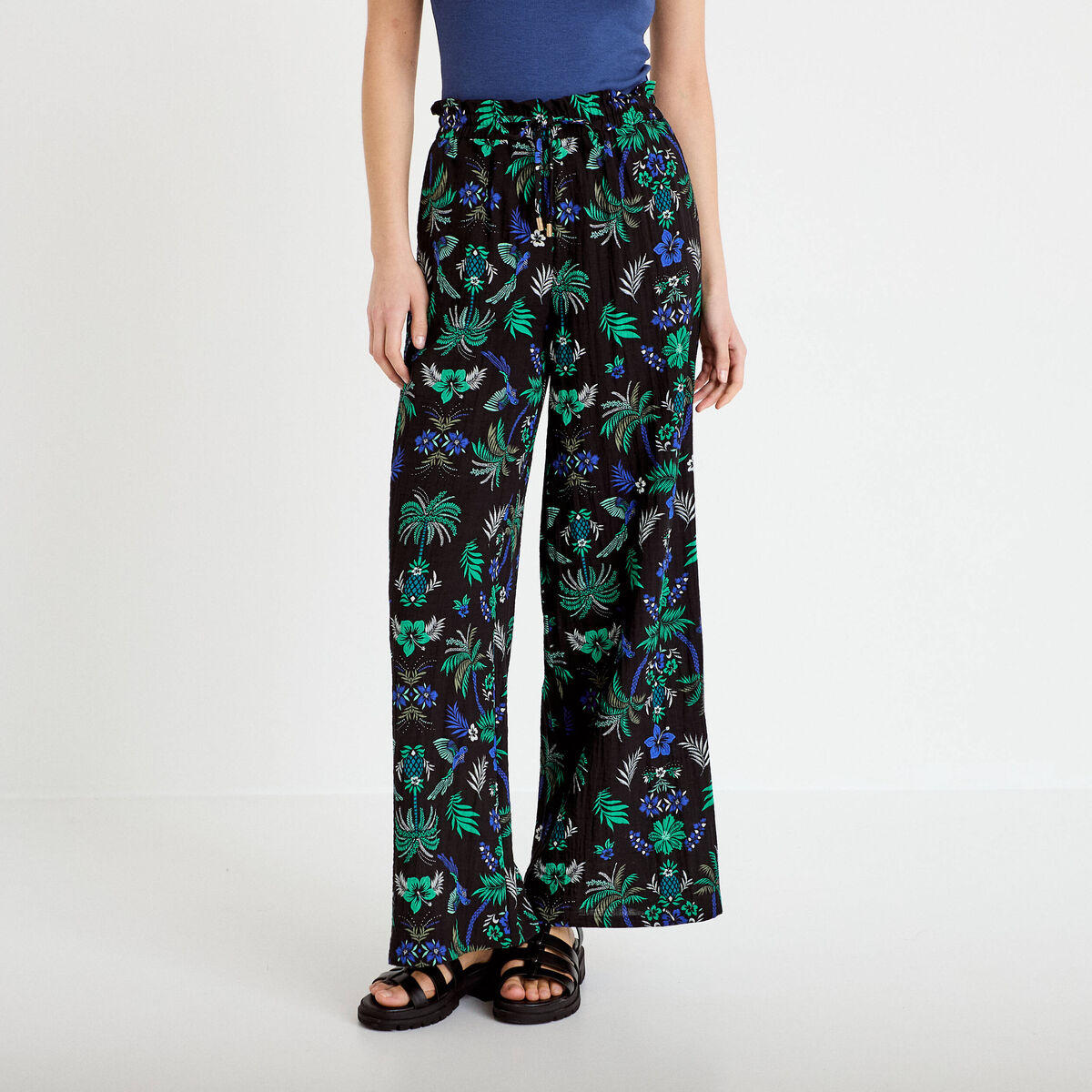 Pantalon large taille standard pliss&eacute; noir femme