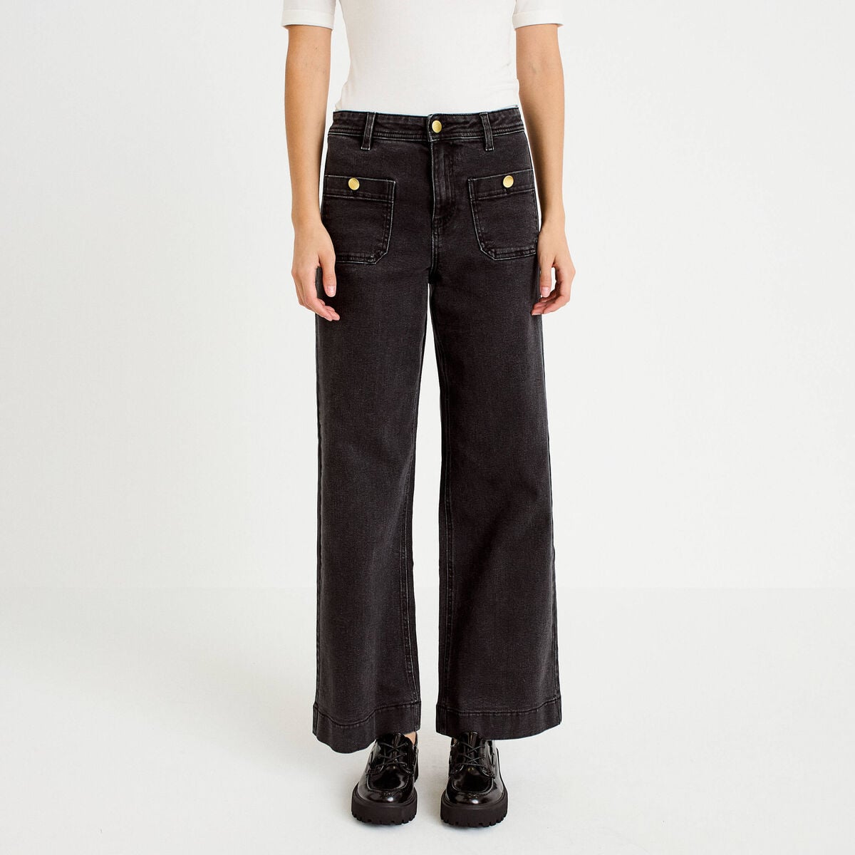 Jean wide leg cropped taille haute denim noir femme
