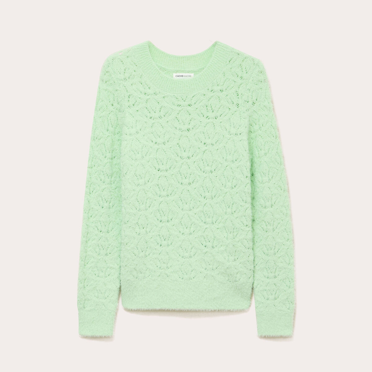 Pull ajour&eacute; col rond manches longues vert pastel femme