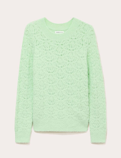 Pull ajour&eacute; col rond manches longues vert pastel femme