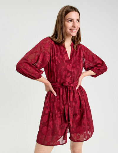 Robe chemise évasée ceinturée rouge foncé femme
