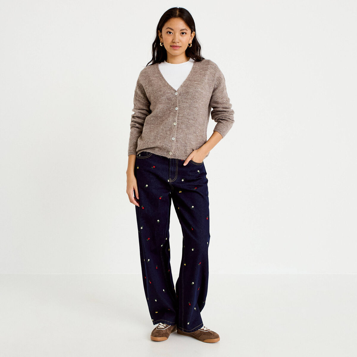 Jean barrel avec broderie bleu marine femme