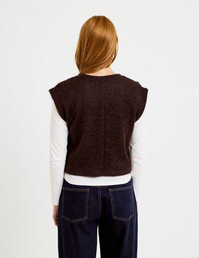 Pull 2-en-1 manches longues col rond marron fonc&eacute; femme