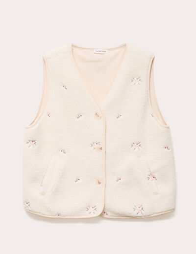Gilet sans manches brod&eacute; effet polaire blanc femme