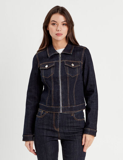 Veste courte zippée en jean denim brut femme