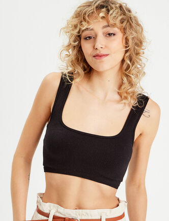 Débardeur cropped côtelé noir femme