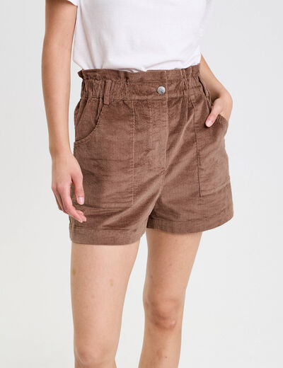 Short taille haute en velours taupe femme