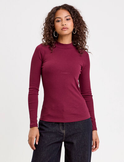 T-shirt manches longues côtelé bordeaux femme