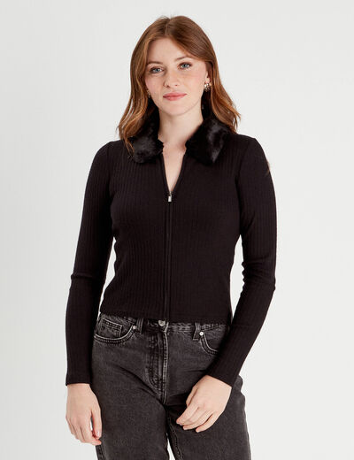 T-shirt col fausse fourrure noir femme