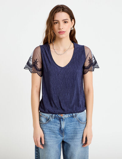 Blouse col v manches courtes dentelle bleu marine femme