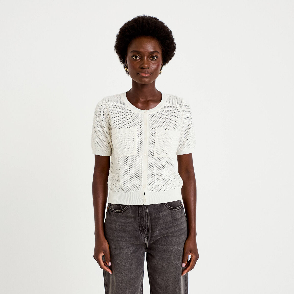 Gilet ajour&eacute; col rond manches courtes ecru femme