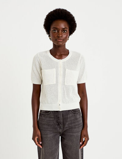 Gilet ajour&eacute; col rond manches courtes ecru femme