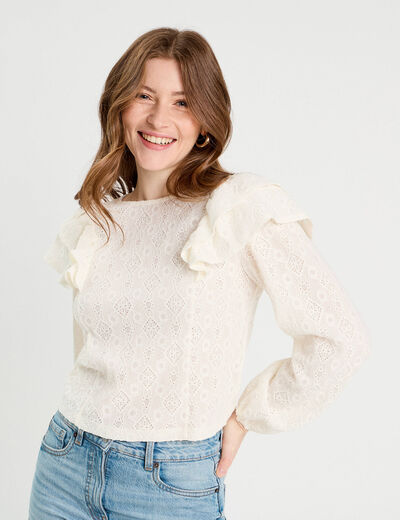 Blouse brodée avec volants ecru femme