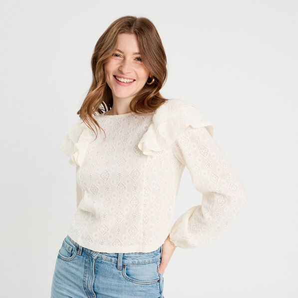 blouse brodee avec volants ecru femme Blouse brodée avec volants ecru femme