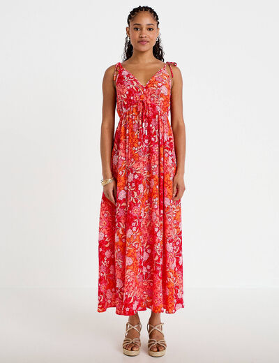 Robe longue &eacute;vas&eacute;e effet satin&eacute;e rouge femme