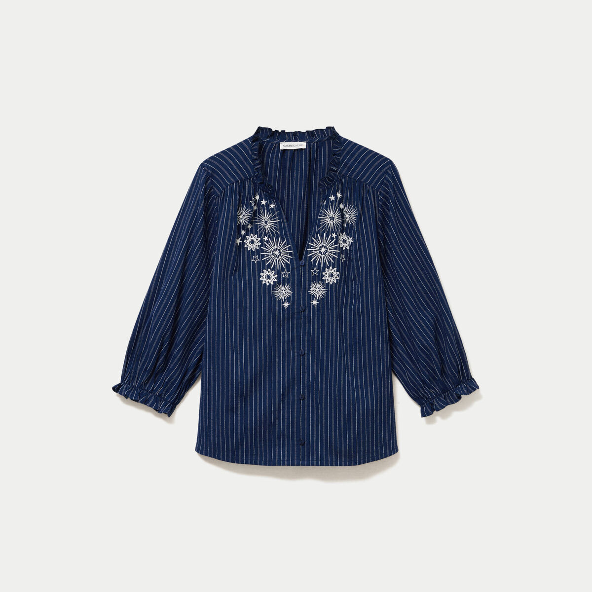 Blouse ample broderie manches 3/4 bleu femme