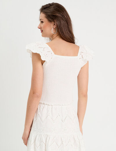 T-shirt smocké avec broderie blanc femme