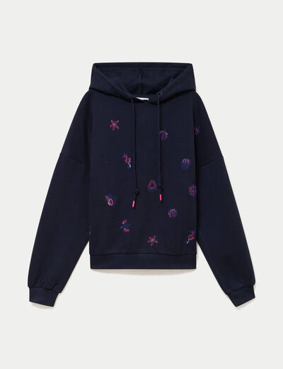 Sweat &agrave; capuche brod&eacute; manches longues bleu femme