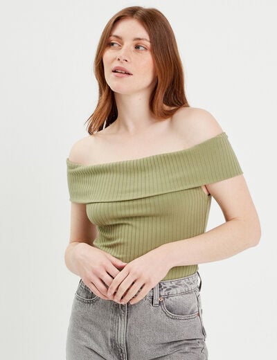 T-shirt manches courtes côtelé vert kaki femme