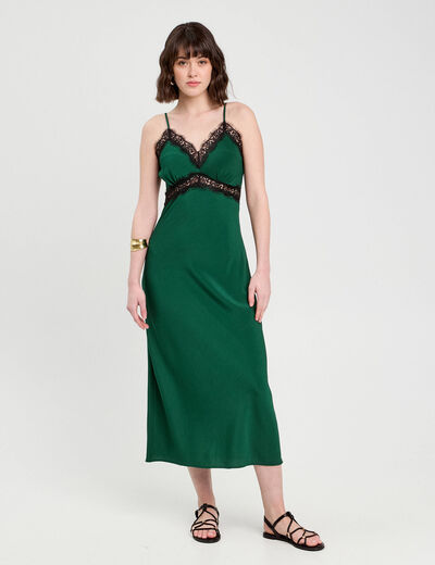 Robe longue ajustée dentelle vert foncé femme