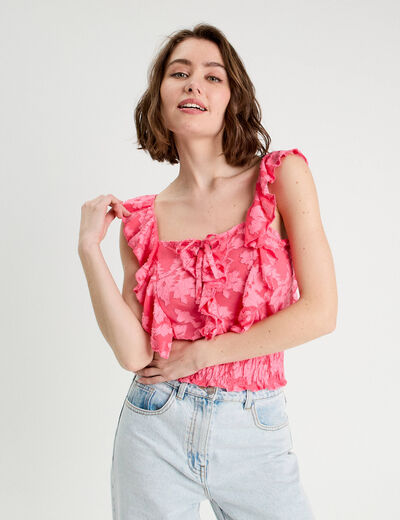 Blouse sans manches volants rose femme