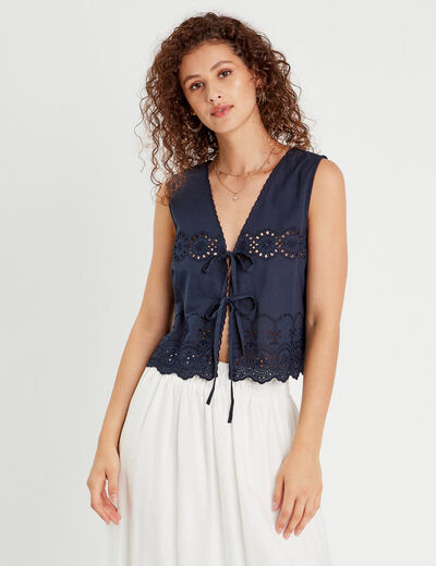 Blouse sans manches brodée bleu marine femme