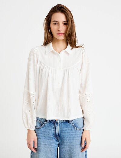 Blouse manches longues broderie ecru femme