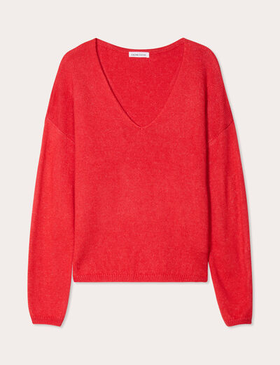 Pull manches longues col en V rouge femme
