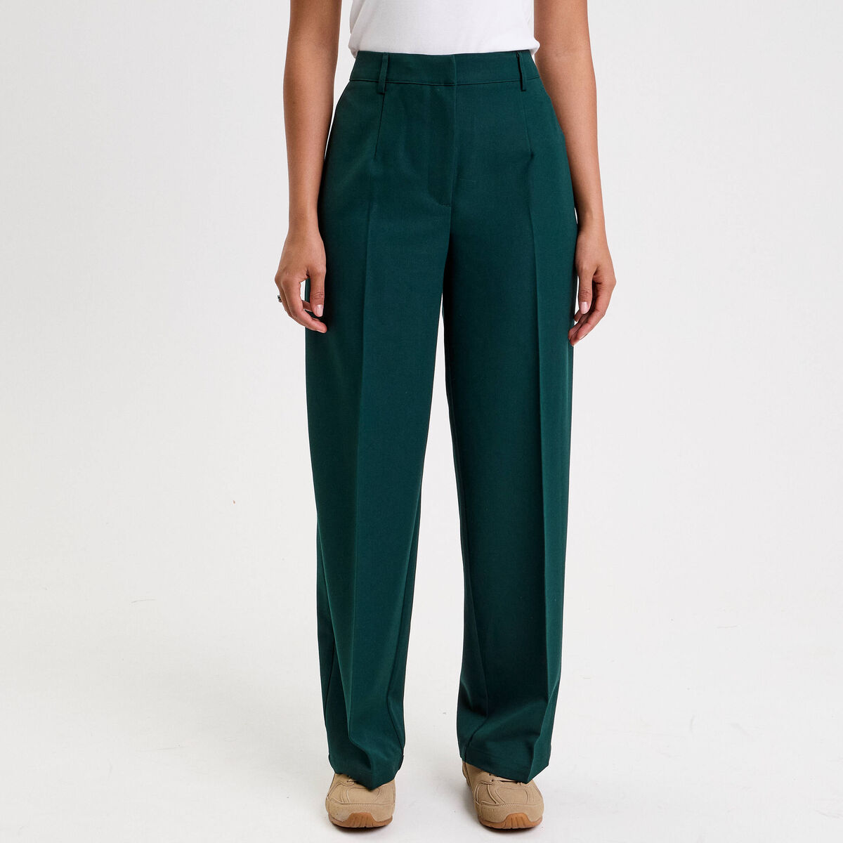 Pantalon large taille haute vert fonc&eacute; femme