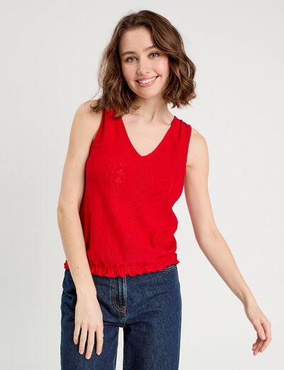 Débardeur broderie anglaise rouge femme