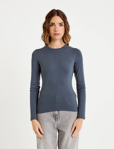 T-shirt cintr&eacute; col rond manches longues gris femme